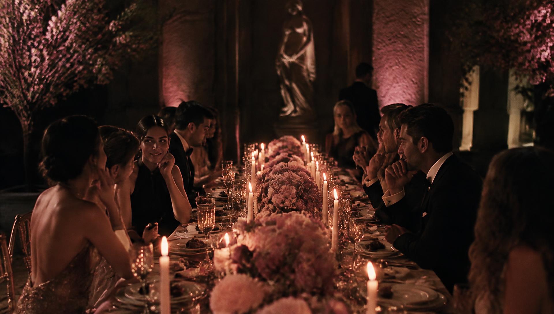 A candlelit long-table dinner with guests in conversation